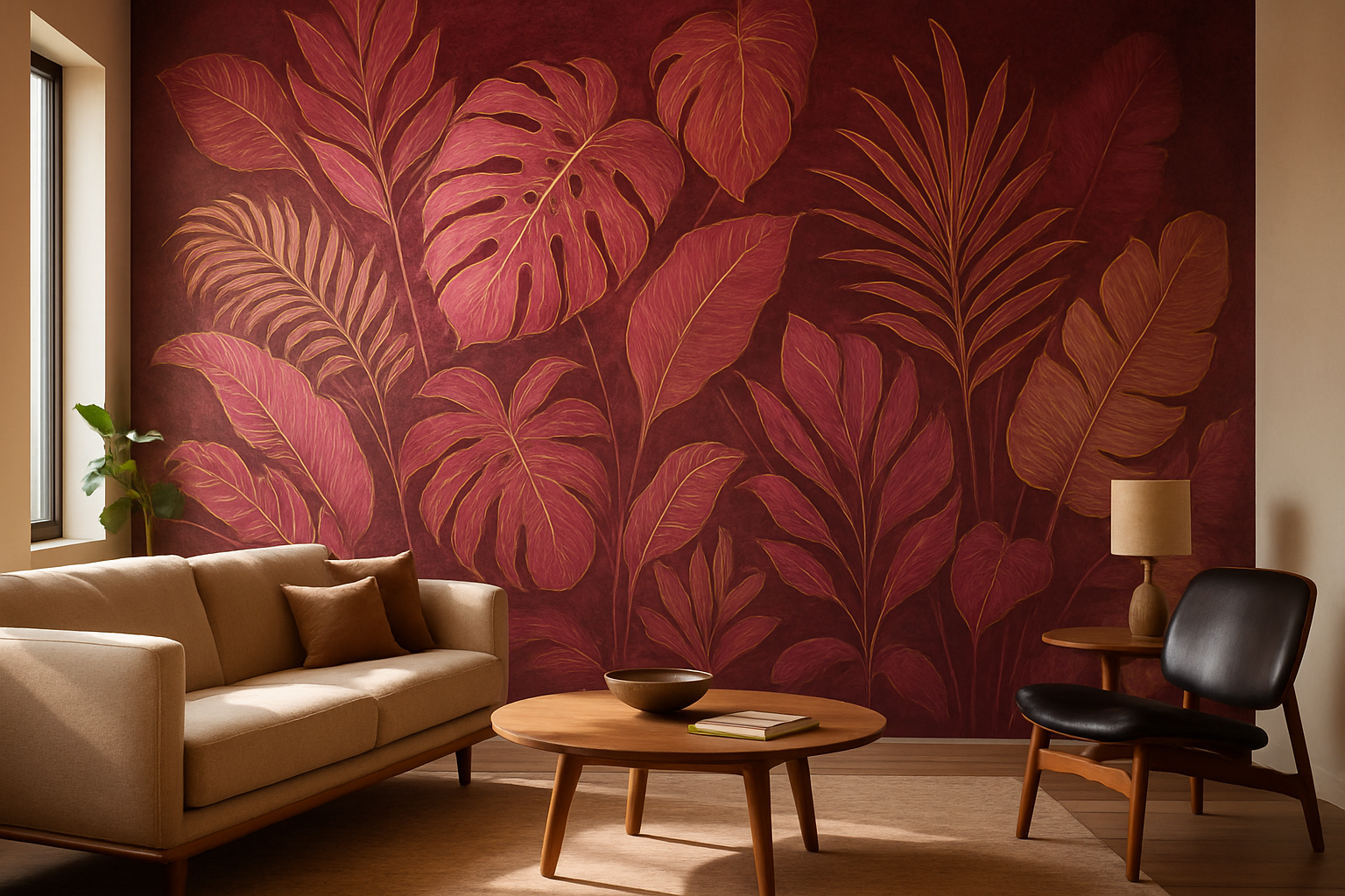 A dramatic custom mural covering a feature wall in a modern interior